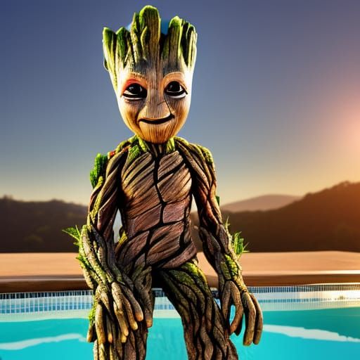 Groot Relaxing in a Pool at Sunset