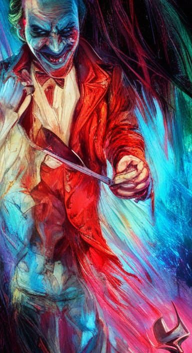 Noir Joker in Gothic Neon Gotham: Blood-Oil Painting