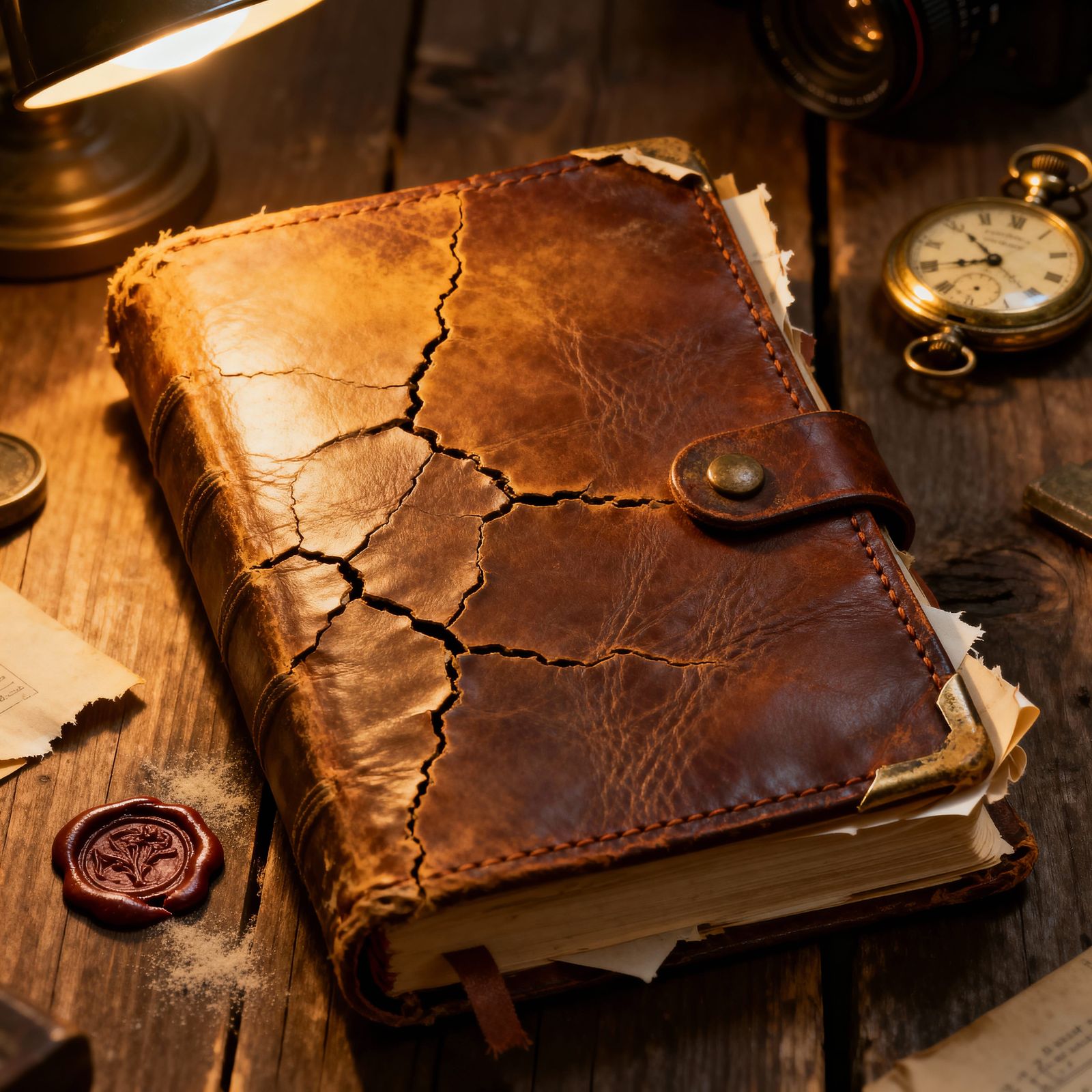 Weathered Journal on Rustic Table with Pocket Watch