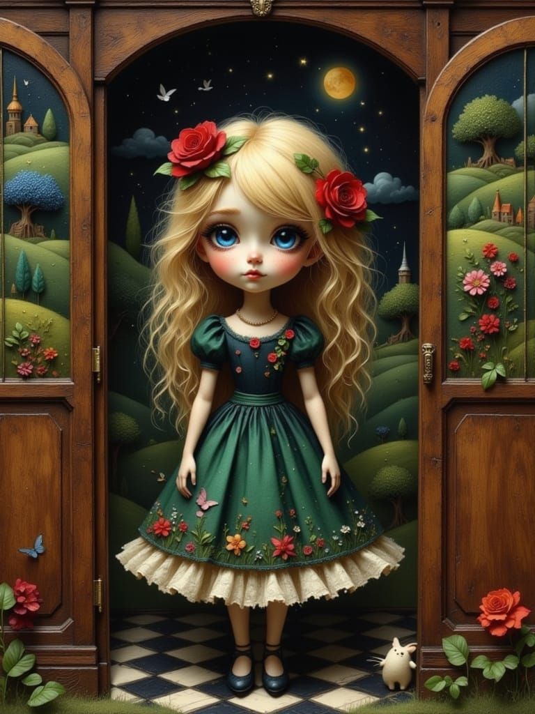 Doll-Like Girl in Wardrobe Doorway, Whimsical Forest