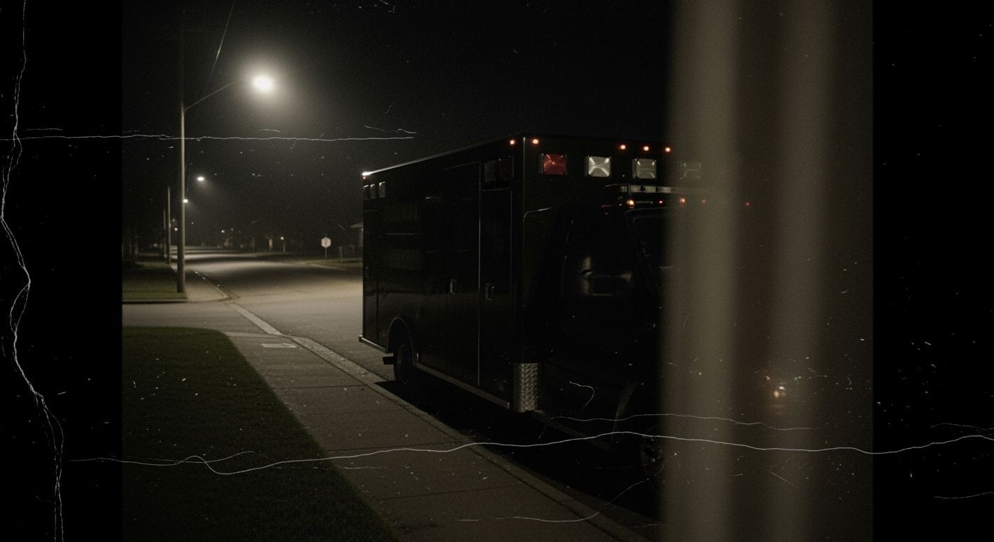 Unmarked Ambulance on Suburban Street at Night