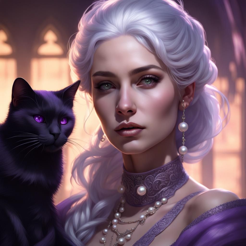 Woman with Cat Portrait in Art Nouveau Style