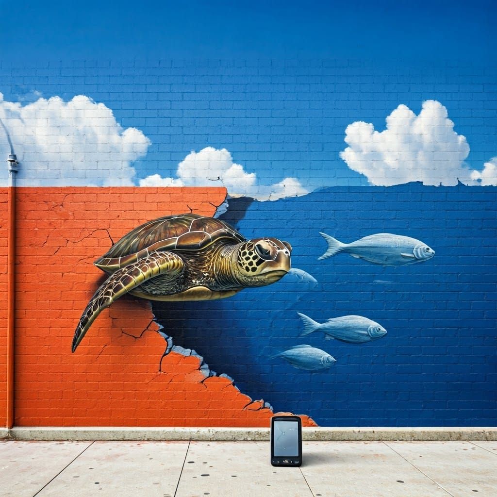 Surreal Street Art Mural with Fish and Turtle
