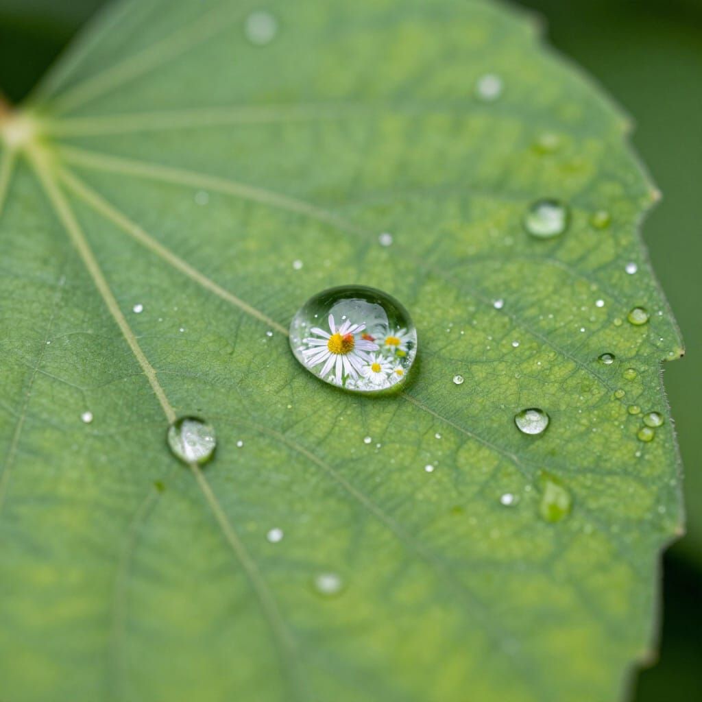 Macro Leaf Dewdrop Reflection of Wildflower