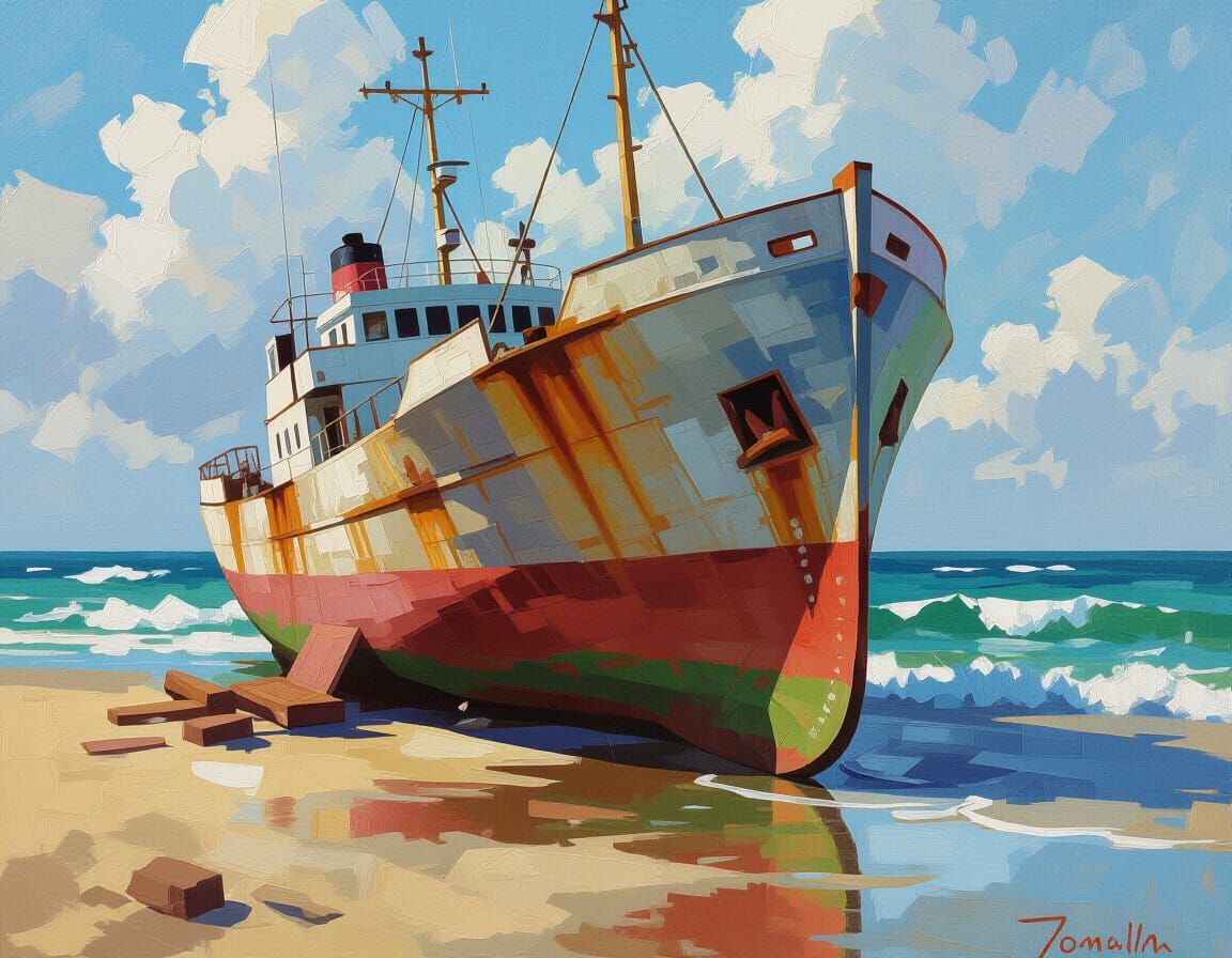 Impressionist Oil Painting of Cement Ship Washed Ashore