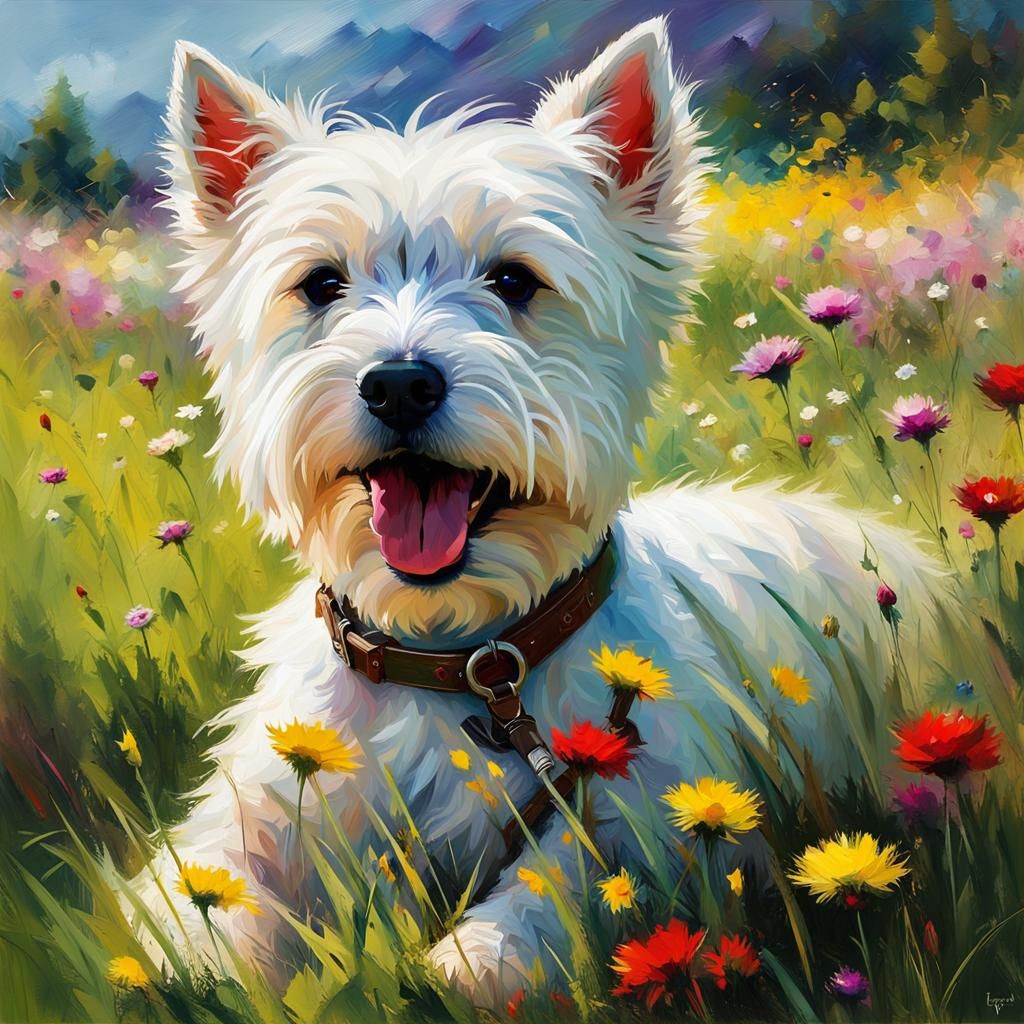 Westie on Flower Meadow: Oil Painting Style