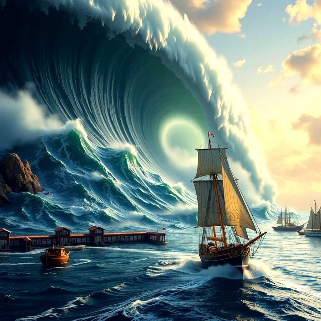 Tsunami Engulfs Sailing Ship in a Peaceful Harbor