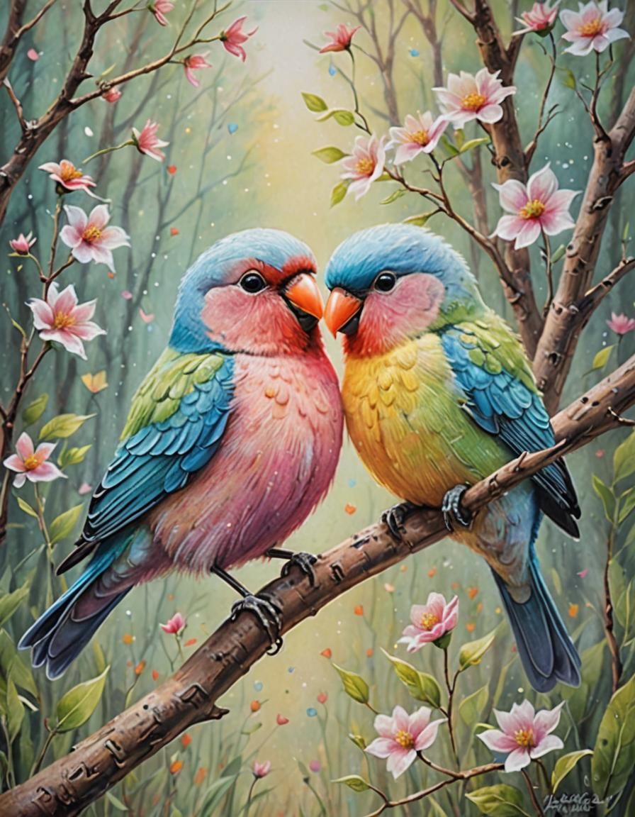 Chalk Pastel Lovebirds in Glittering Nature Scene