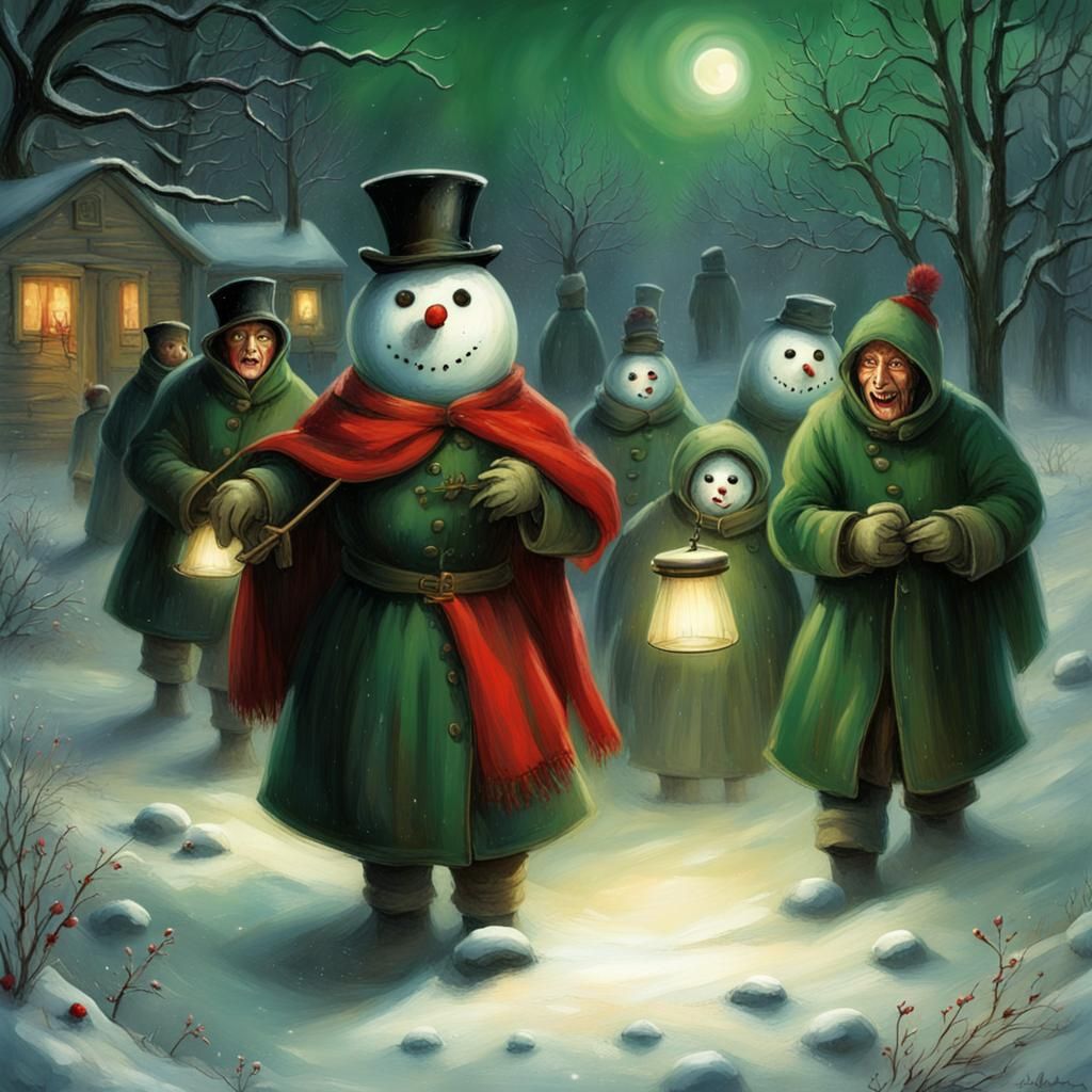 Sinister Snowmen in Icy Congregation: Digital Matte Painting