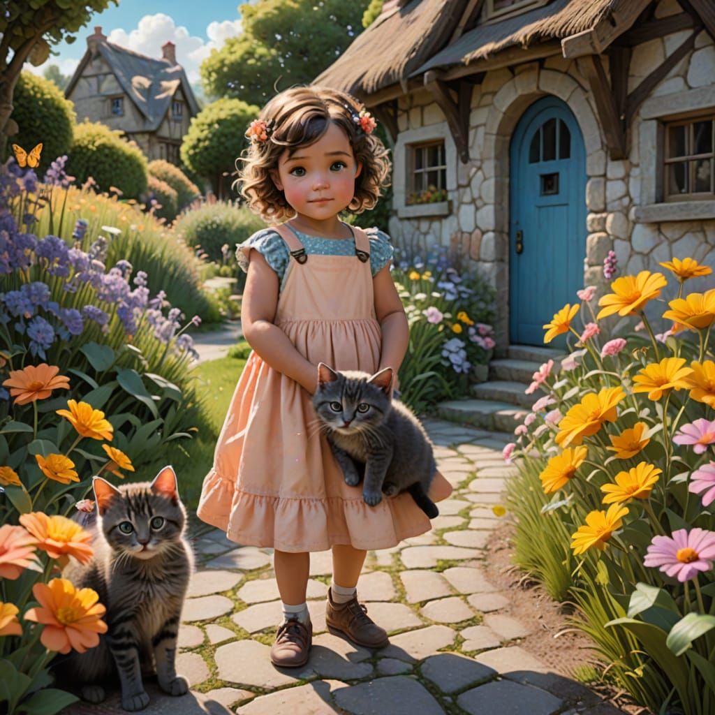 Whimsical Toddler Girl Surrounded by Butterflies and Kitten ...