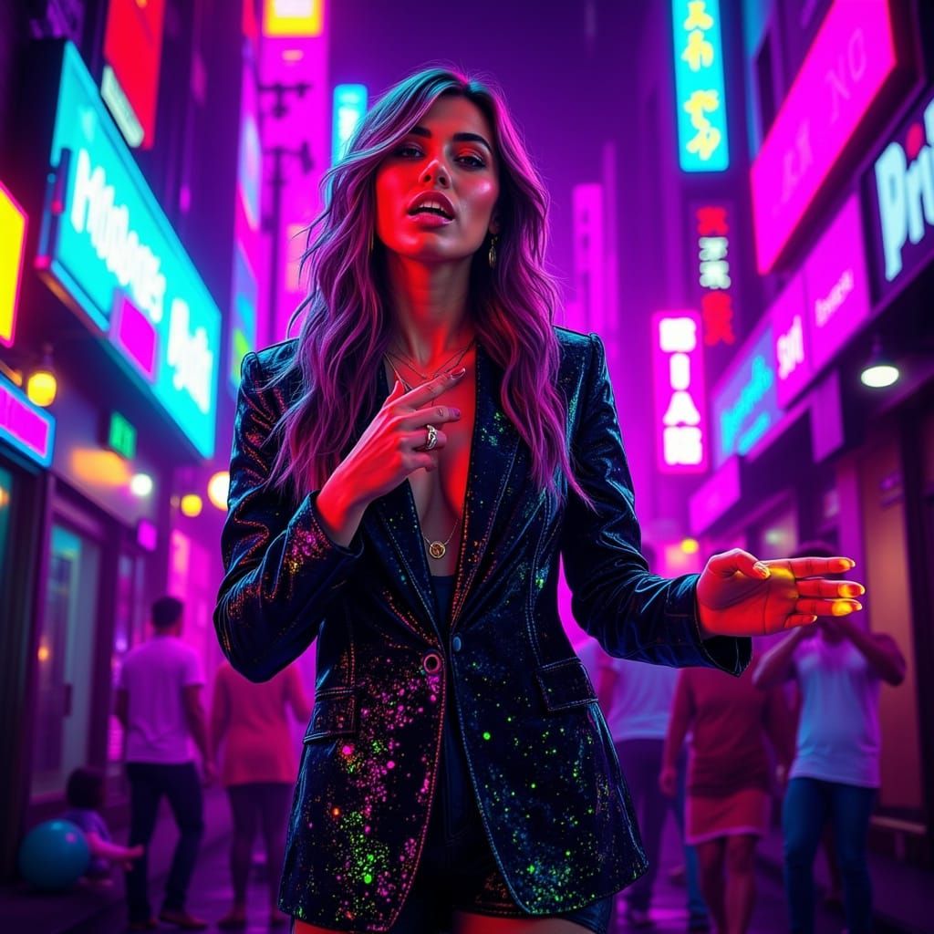 Empowered Woman Sings in Cityscape Pop Art