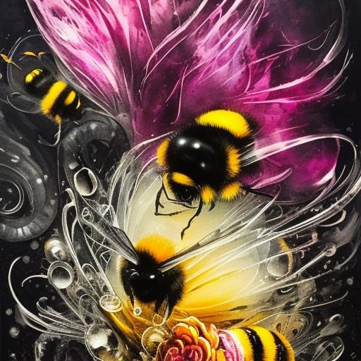 Bumblebees on Flowers in Detailed Gouache Style