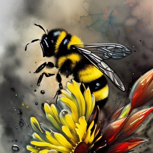 Bumblebees on Flowers: Detailed Gouache Painting