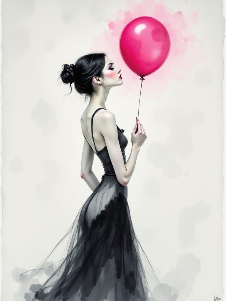Serene Woman in Black Dress with Pink Balloon, Minimalistic ...