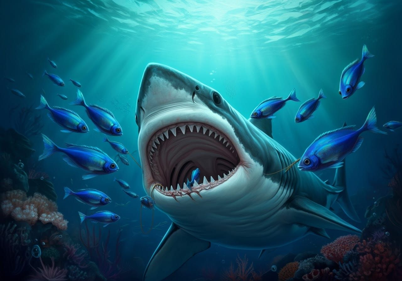 Cleaner Fish Tend to Shark in Vibrant Aquatic Scene