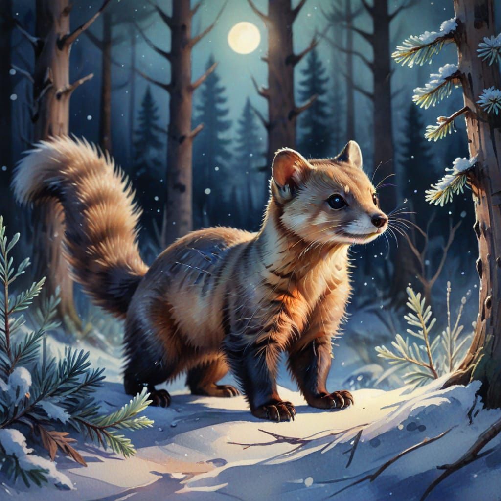 Pine Marten in Winter Forest: Watercolor Painting