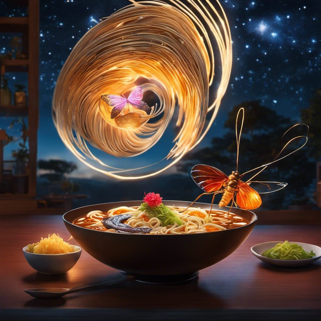 Ramen, Ant, and Butterfly in Starry Night Sky