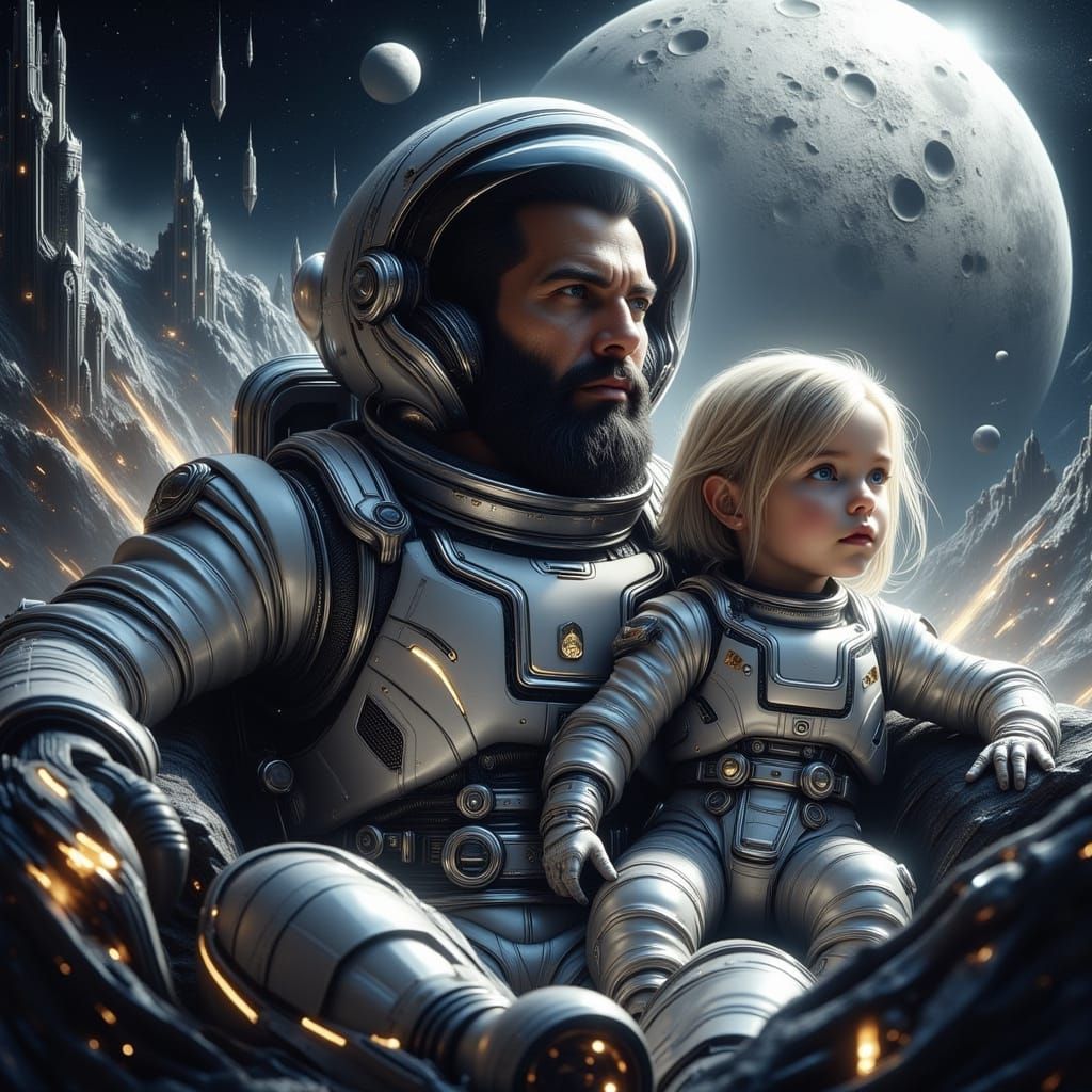 Astronaut Father and Daughter Soaring to the Moon