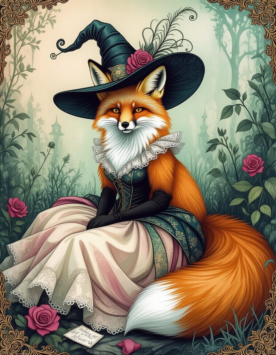 Fox in Grand Hat Amidst Crushed Magic Dress
