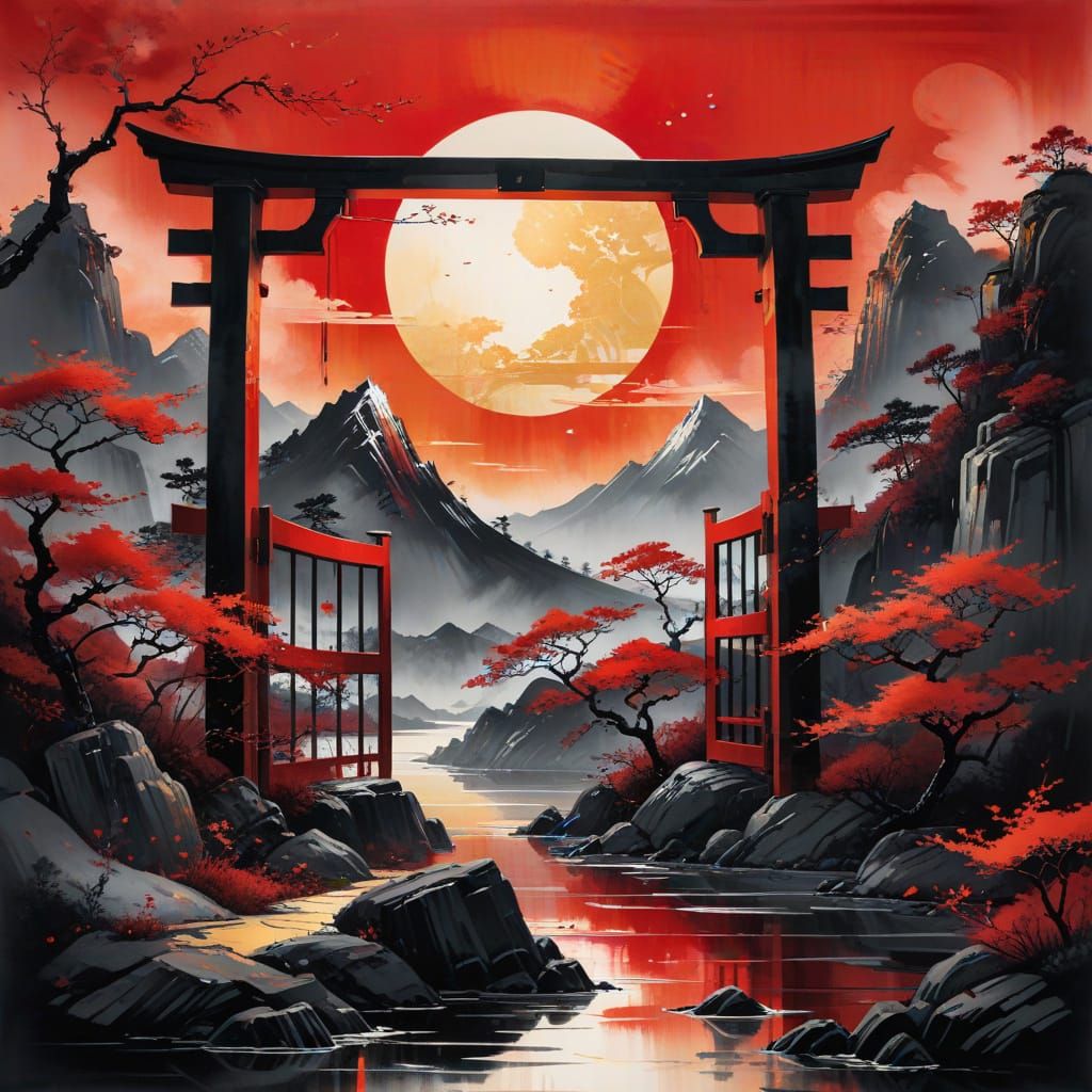 Abstract Red and Black Ink on Silk with Gold Accents