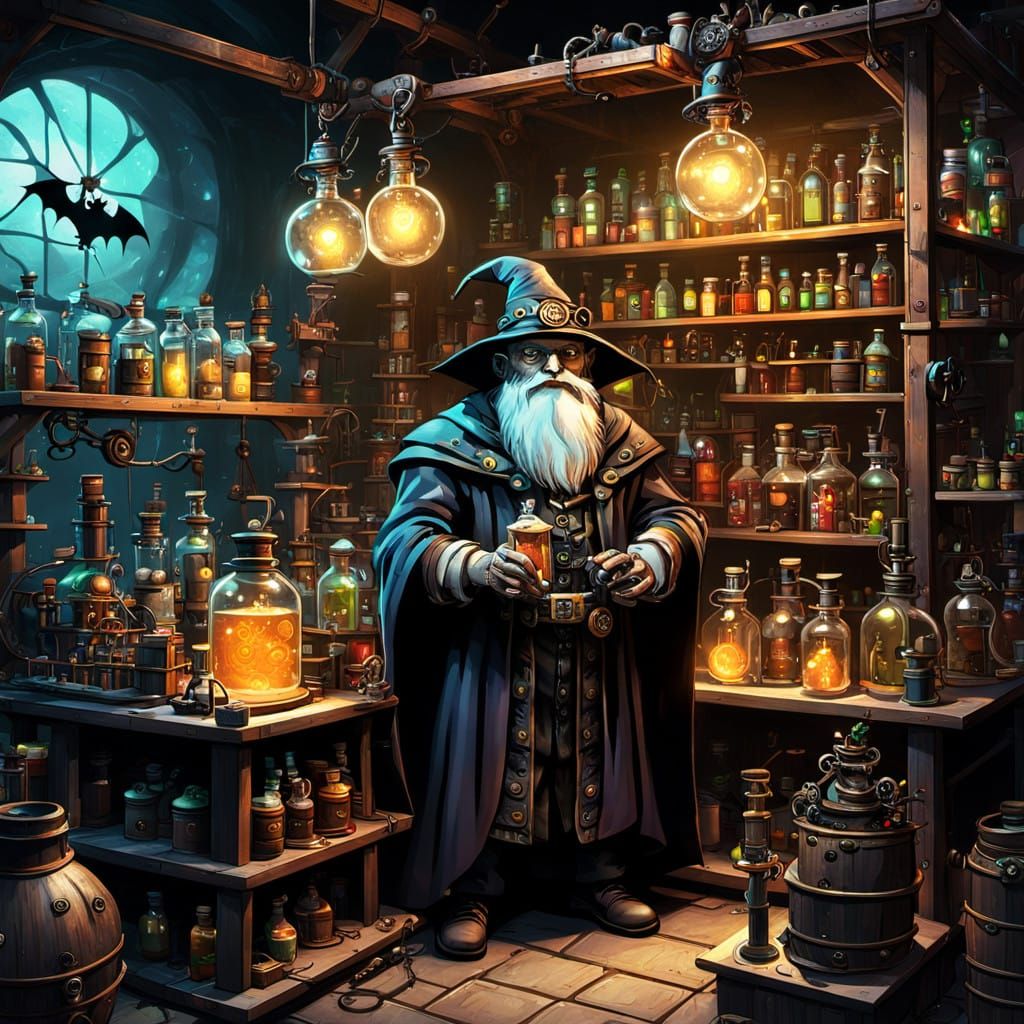 Wizard in Enchanted Steampunk Potion Lab