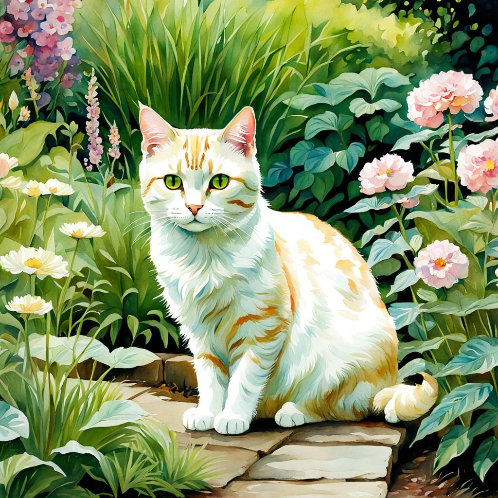 Cream Tabby Cat in Garden Watercolor Painting