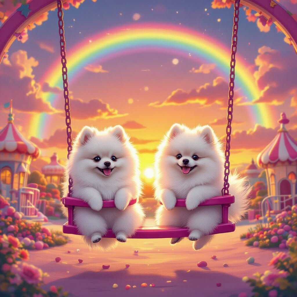Pomeranians Swing in Candy Land Playground at Sunset