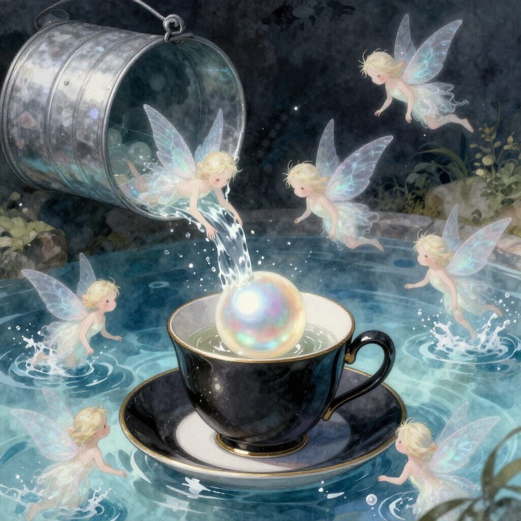 Ethereal Sprites Pouring Water into a Pearl Cup