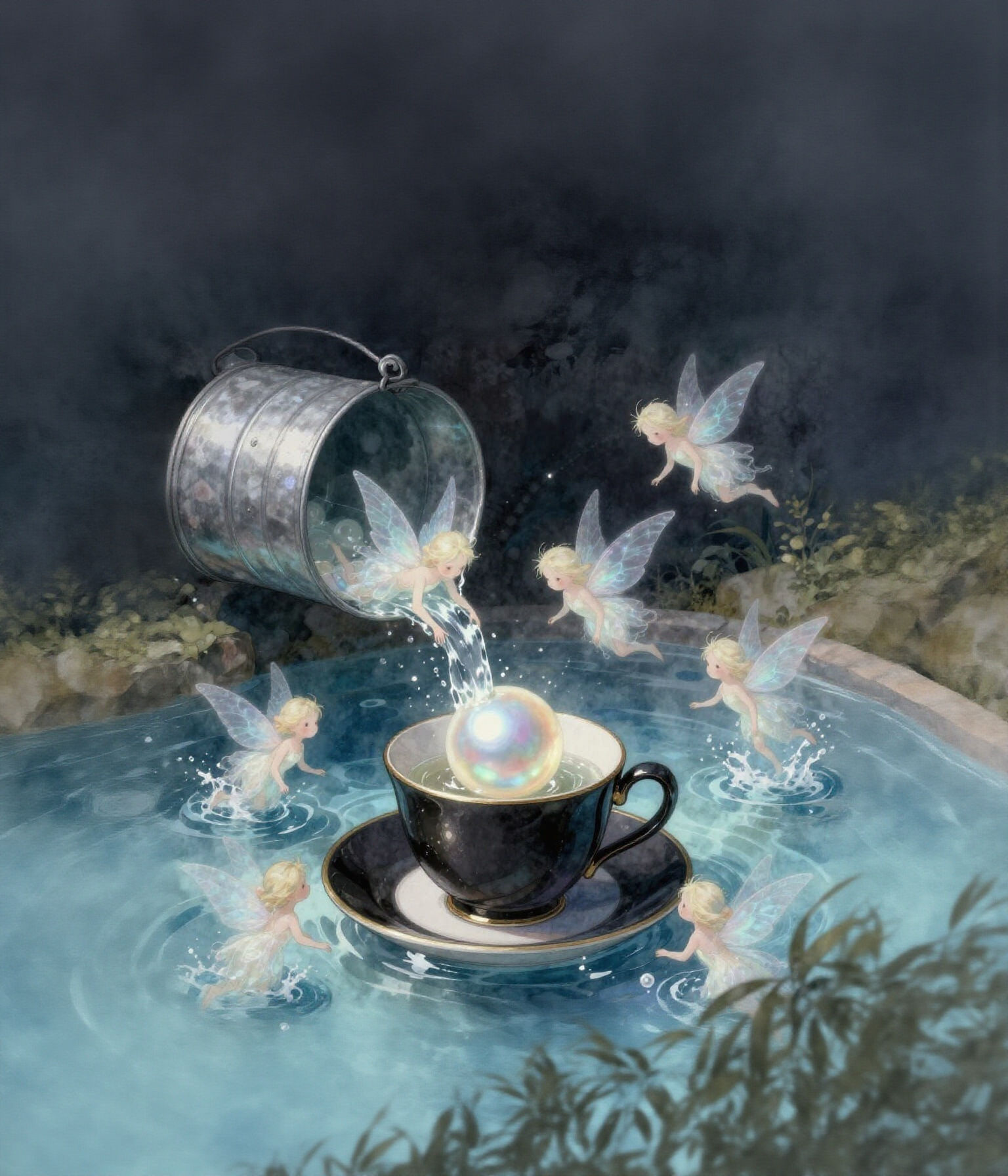 Magical Sprite Pours Water into Pearl Cup with Black Accents