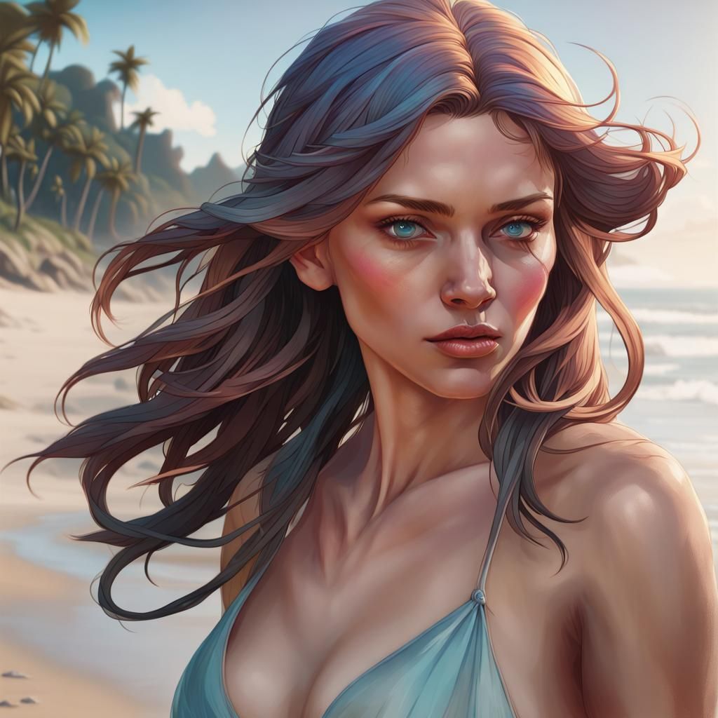 Detailed Portrait of Woman at Beach, Trending Art