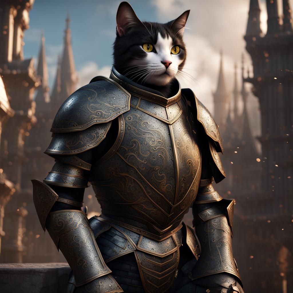 Cat in Black Armour: Detailed Fantasy Art