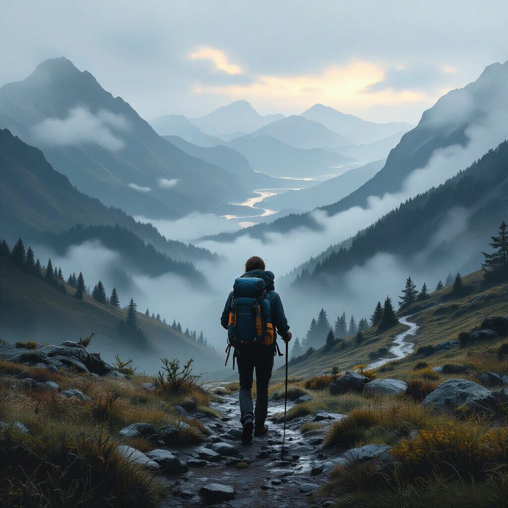 Lone Hiker in Misty Mountains: Realistic Style