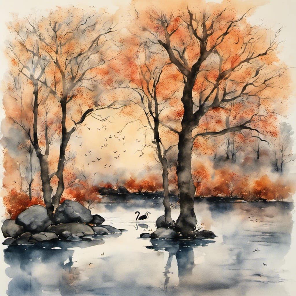 Swans at Twilight: Colorful Watercolor Landscape