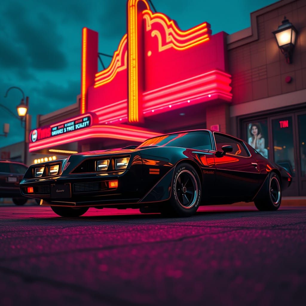 Retro Black Trans Am Shines in Neon Hues in Front of a Cinem...