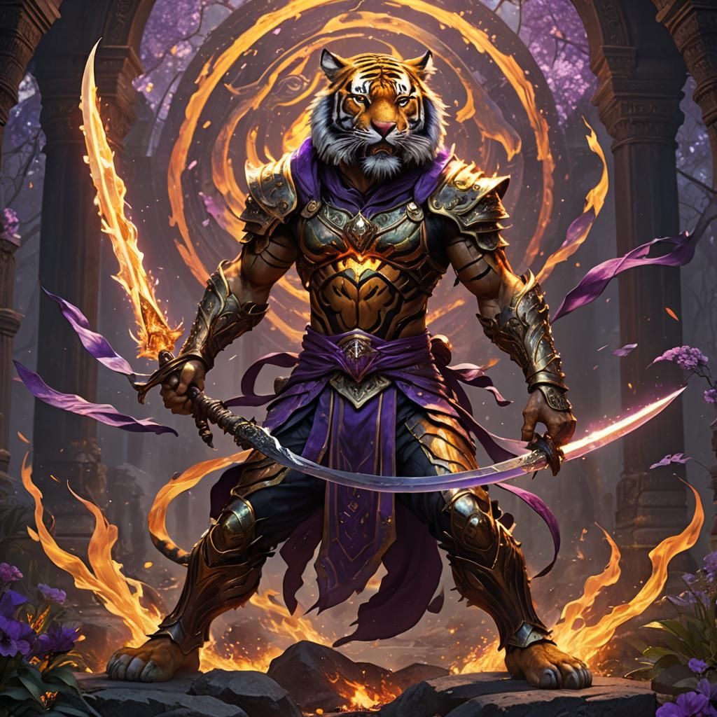 Tiger-Man with Flaming Sword: Dark Fantasy Art