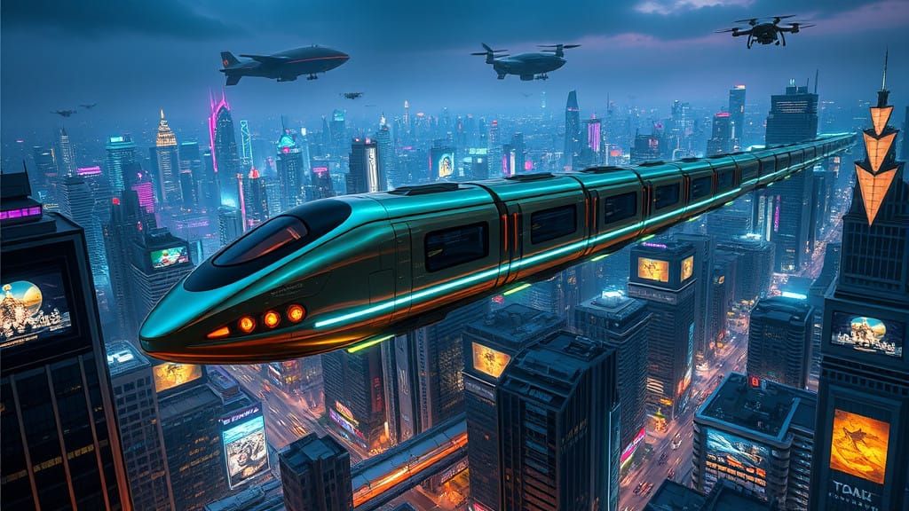Futuristic Flying Train Zips Through Cyberpunk Cityscape