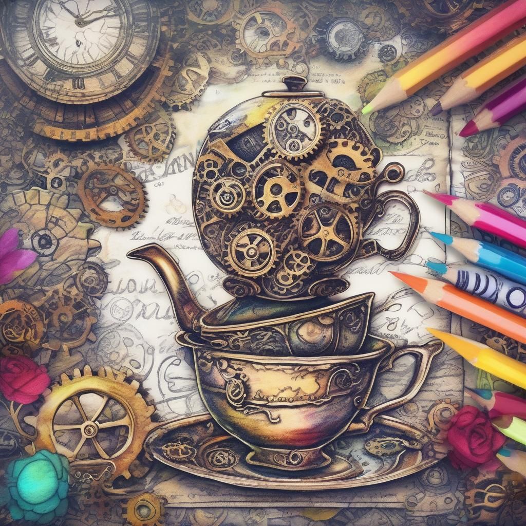 Vivid colors steampunk tea time , gears, kid's crayon ,penci...