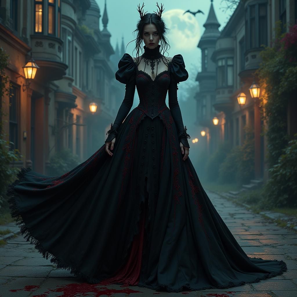 Dark Queen in Gothic Cityscape: Hyperrealistic Anime Style