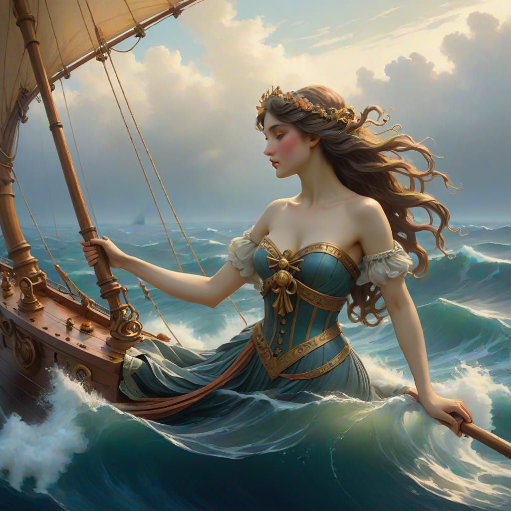 Ship's Bow with Enchanting Siren Figurehead in Art Nouveau S...