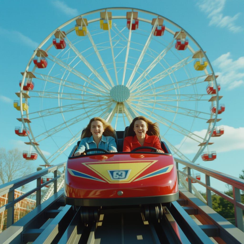 Two Girls on Rollercoaster with Ferris Wheel, Cinematic Film...
