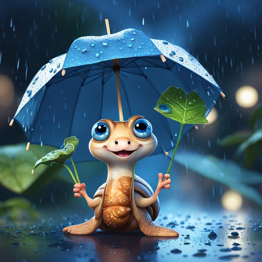 Charming Snail with Leaf Umbrella in the Rain