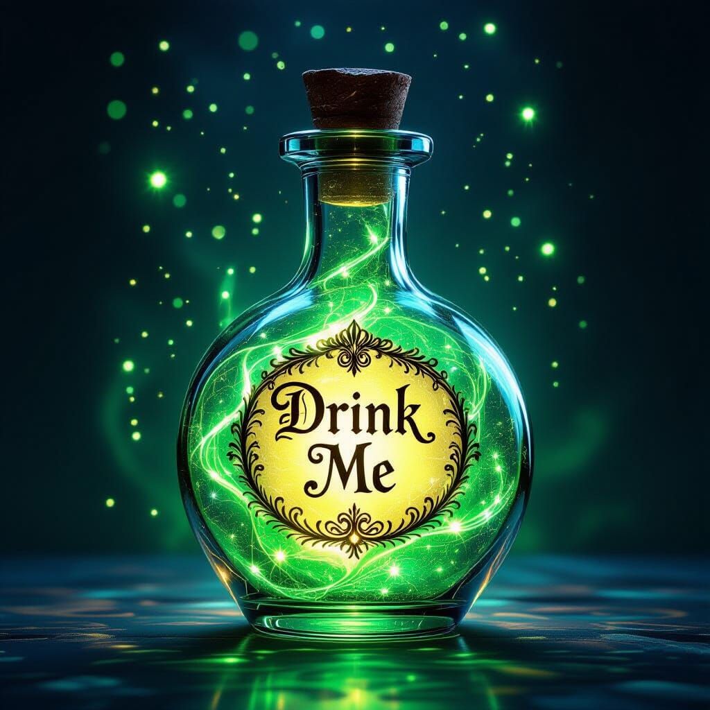 Glowing Potion Bottle Labeled Drink Me in Ethereal Light