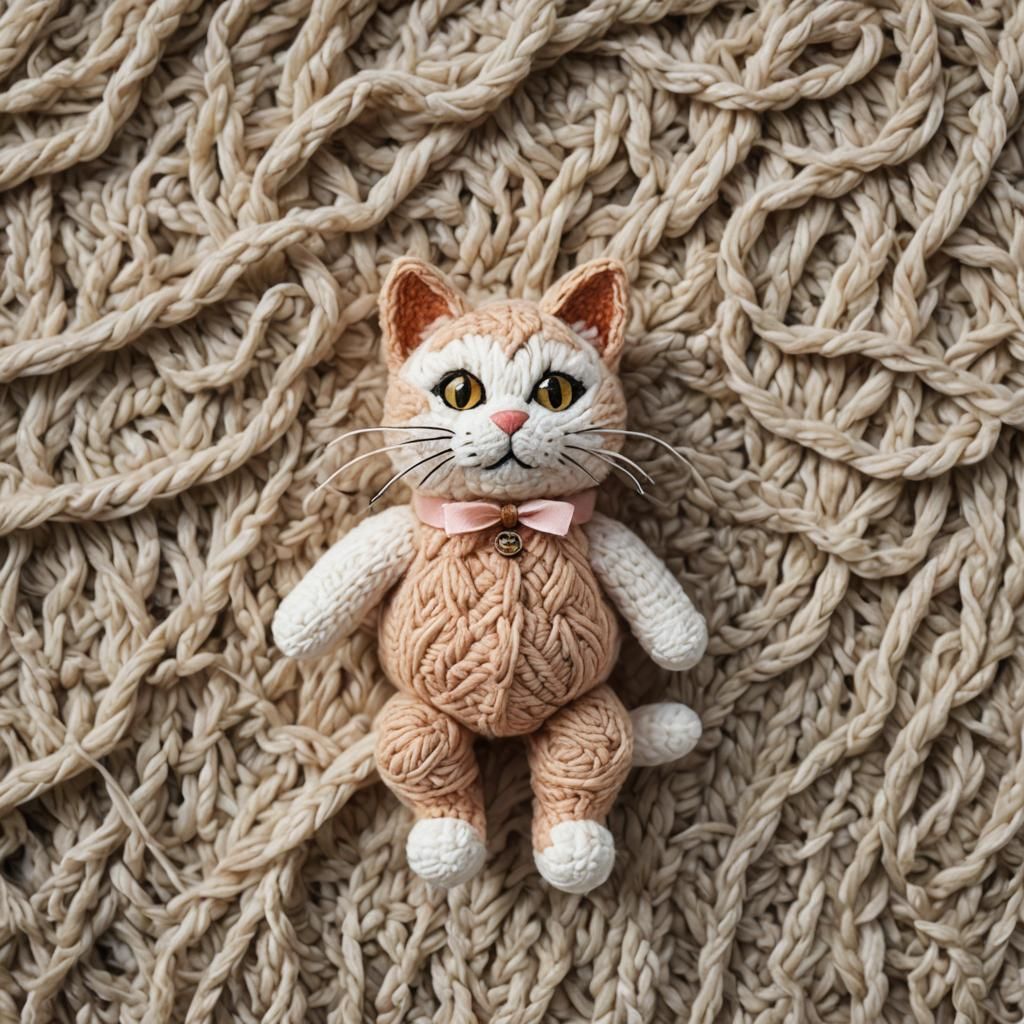 Yarn Cat Plushie on Car Bonnet, Detailed Matte Painting