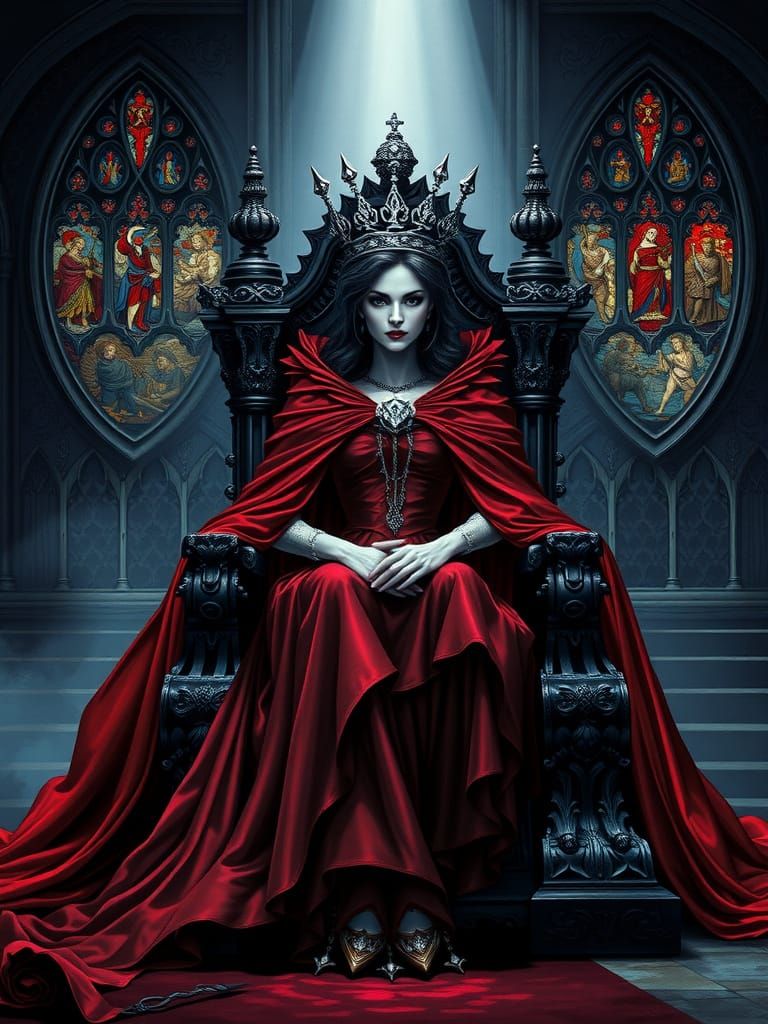 Vampire Mistress on Obsidian Throne in Gothic Throne Room