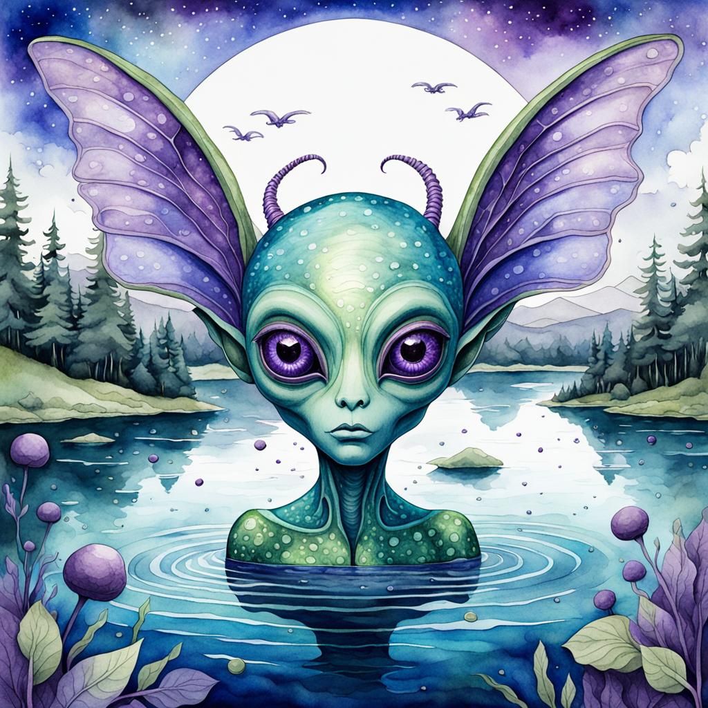 Surreal Fantasy Alien Emerges from Aquatic Depths to Explore...
