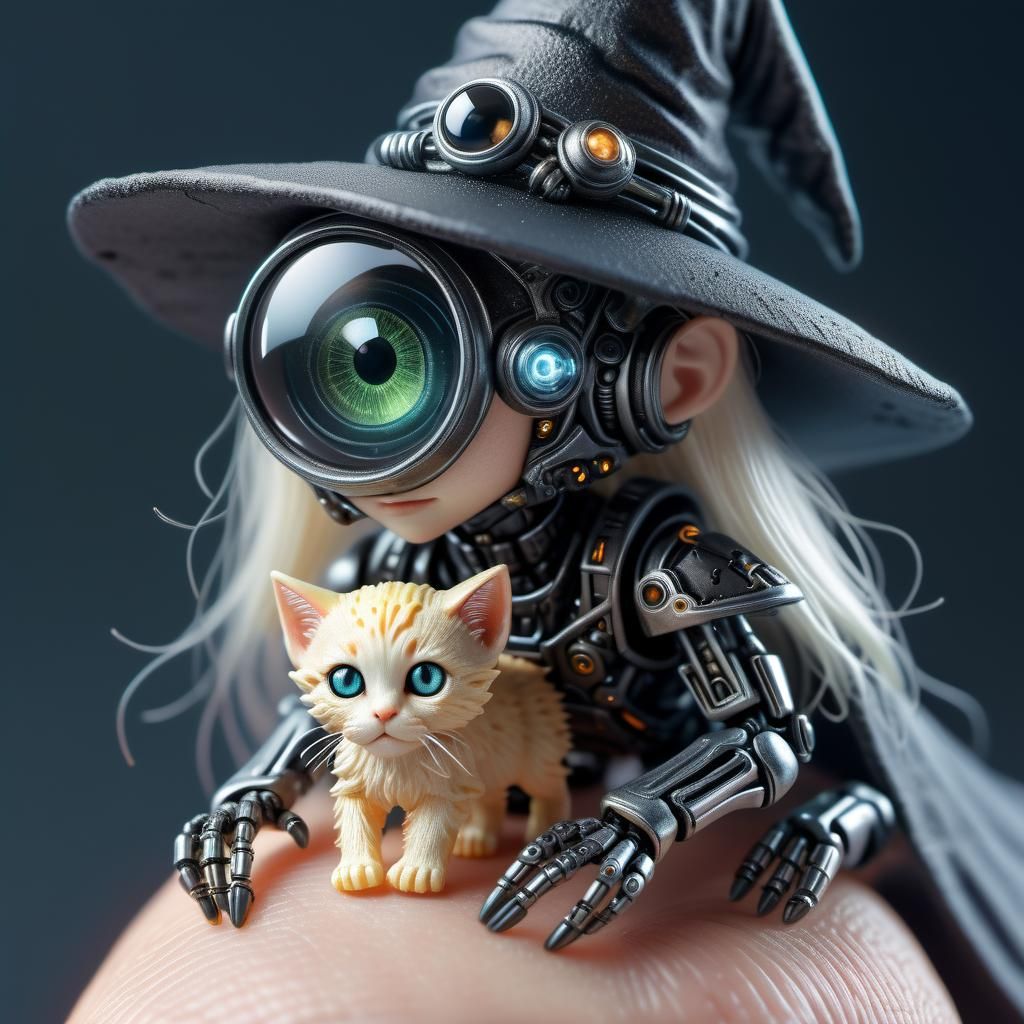 Robotic Witch and Kitten in Photorealistic Sci-Fi Macro