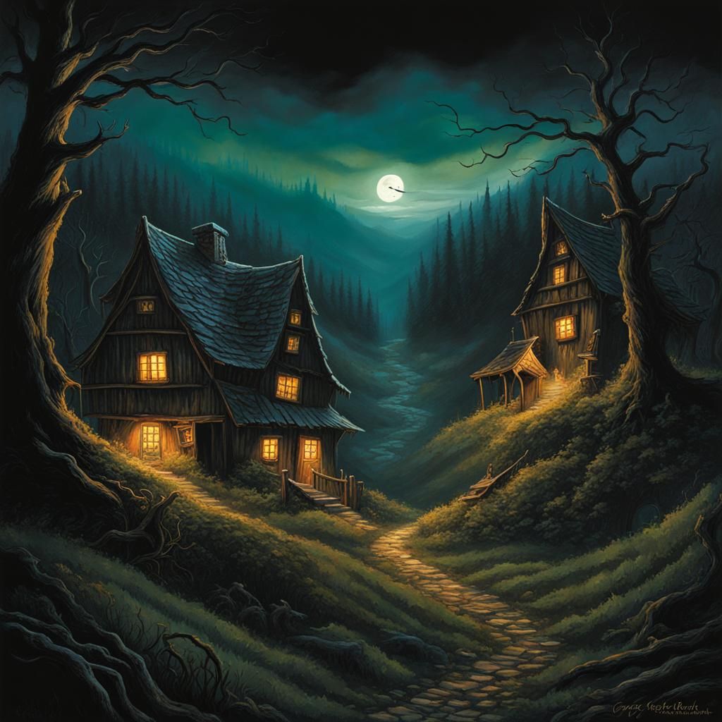 Eerie Village in Dark Forest: A Sinister Fantasy