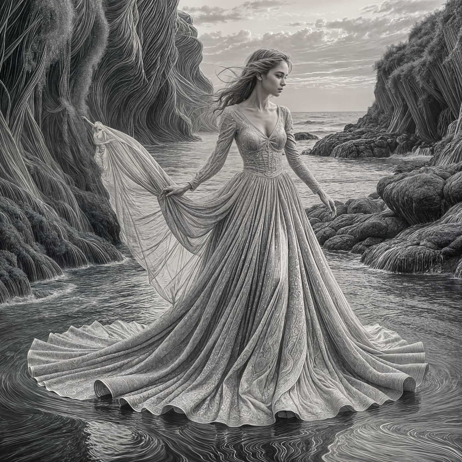 Whimsical Dance of Fabric and Props in Shimmering Water