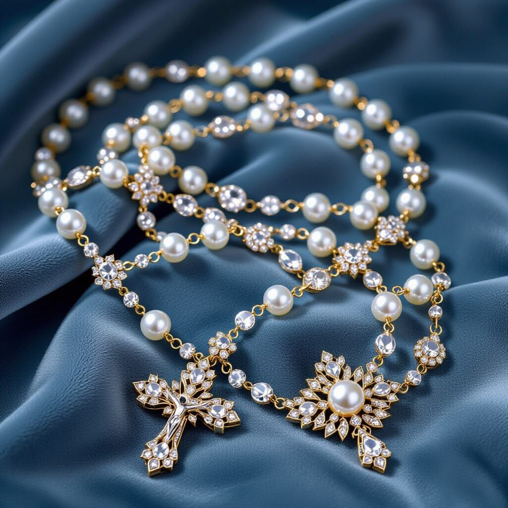 Luxurious Diamond & Pearl Rosary on Velvet