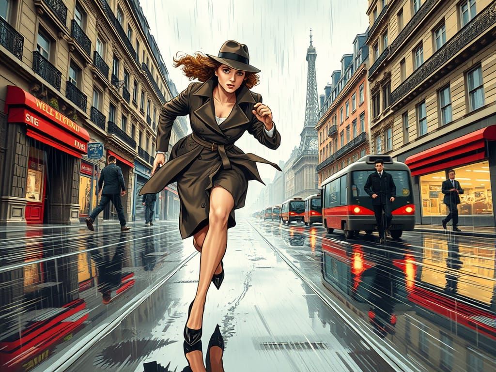 Femme Fatale Sprinting Through Rainy Paris Streets